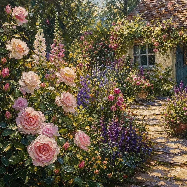 Oil Painting style — a lush cottage garden full of blooming roses