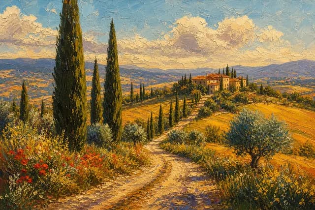 Oil Painting style — a sunlit Tuscan countryside with cypress trees and a winding road