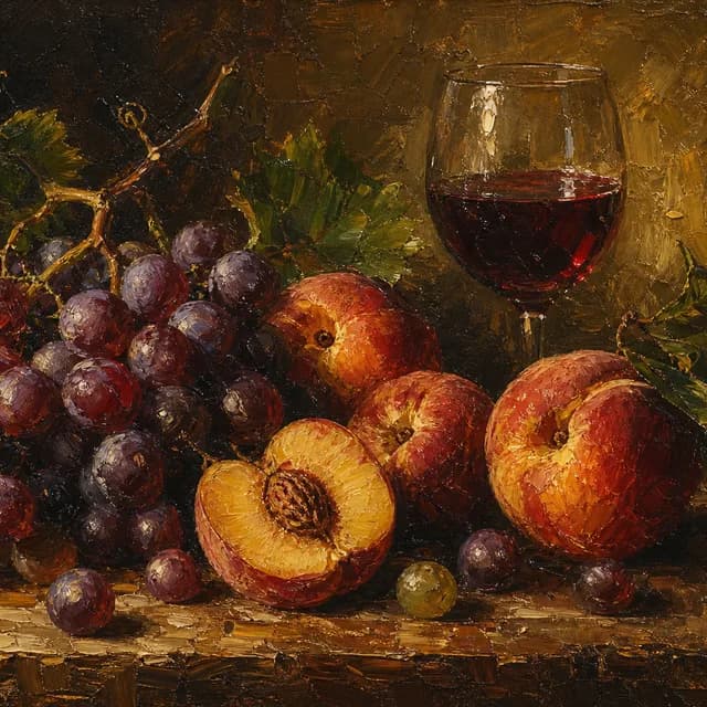 Oil Painting style — a still life of ripe grapes, peaches and a glass of wine
