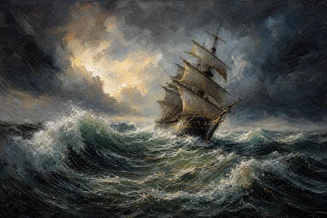 Oil Painting style — a dramatic stormy sea with a tall sailing ship