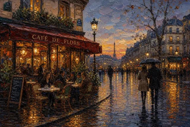 Oil Painting style — a Parisian street cafe in the rain at dusk