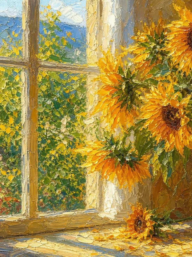 Oil Painting style — a vase of vibrant sunflowers on a sunlit windowsill