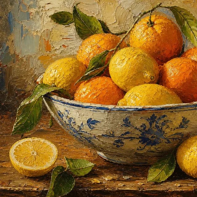 Oil Painting style — a ceramic bowl of lemons and oranges on a wooden table