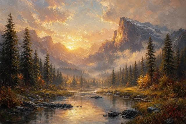 Oil Painting style — a misty mountain valley at dawn with a calm river