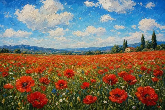 Oil Painting style — a vast field of red poppies under a bright blue sky