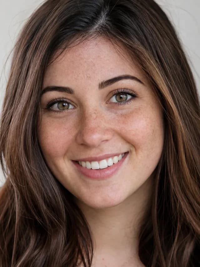 Realistic style — a professional studio headshot of a smiling young woman with freckles