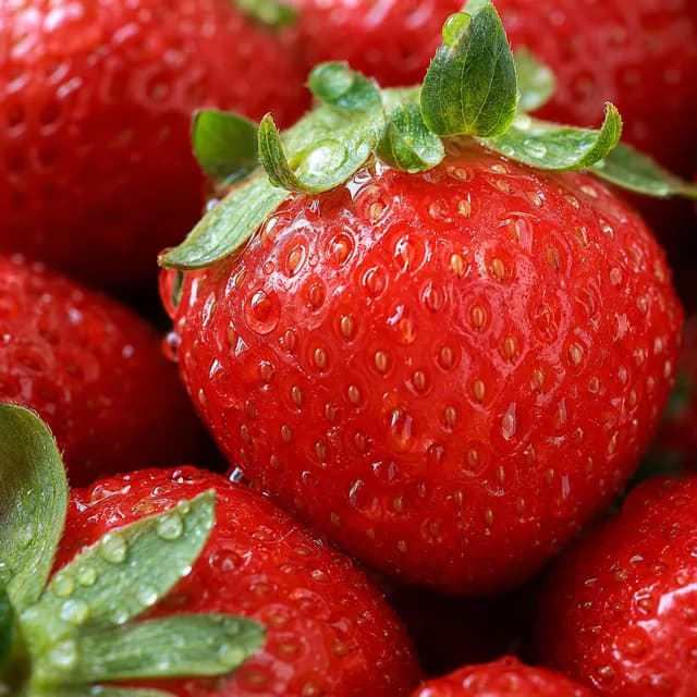 Realistic style — a macro close-up of fresh strawberries with water droplets