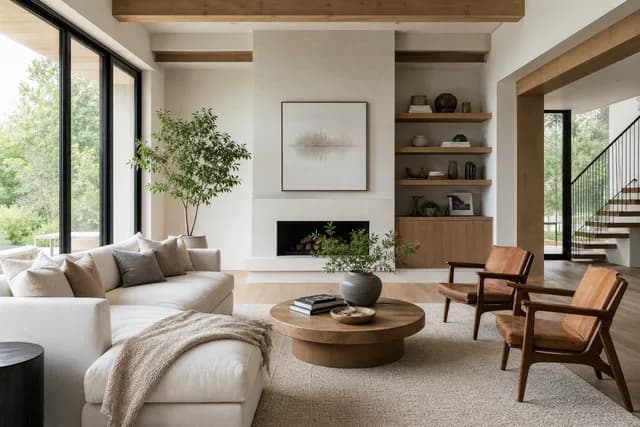 Realistic style — a modern minimalist living room with large windows