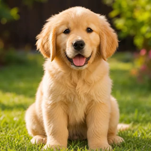 Realistic style — an adorable golden retriever puppy sitting on grass