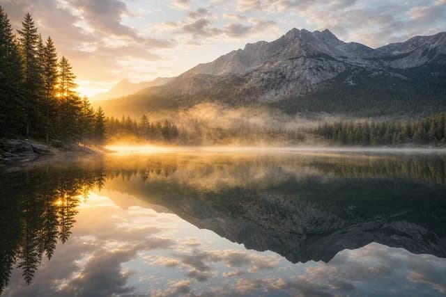 Realistic style — a misty mountain lake at sunrise with mirror reflections