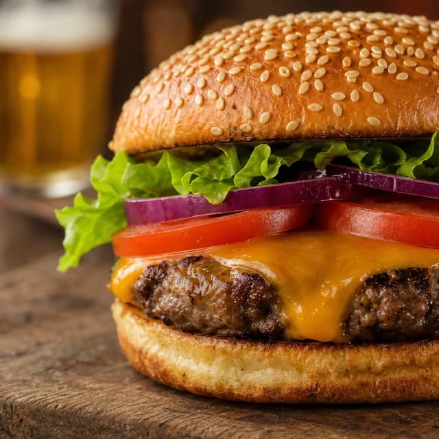 Realistic style — a gourmet cheeseburger with melted cheddar on a wooden board