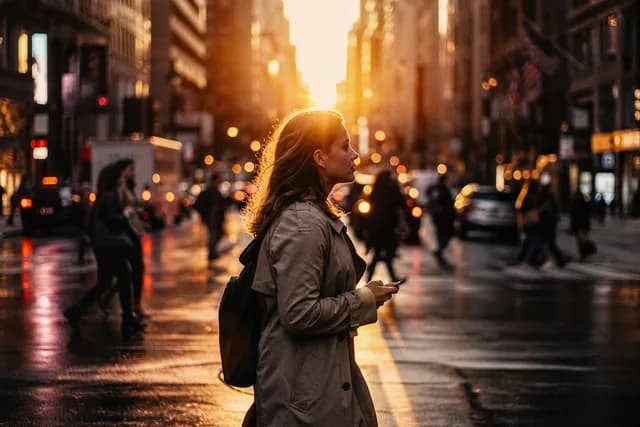 Realistic style — a woman crossing a city street at golden hour with glowing bokeh