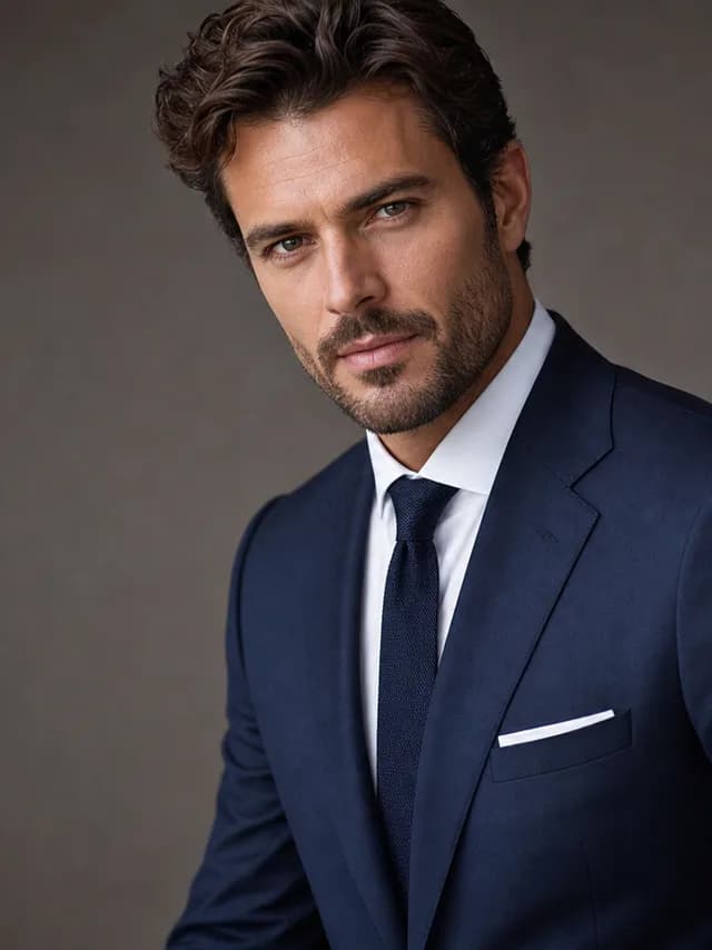Realistic style — a fashion portrait of a confident man in a tailored navy suit