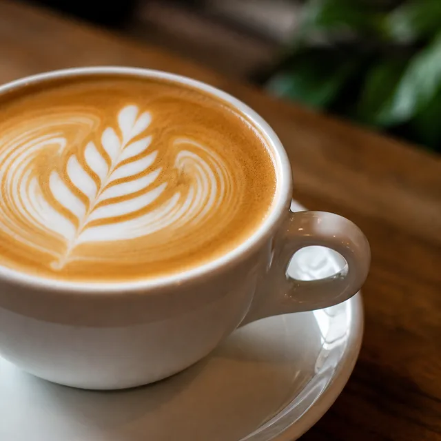 Realistic style — a close-up of a latte with delicate rosetta latte art