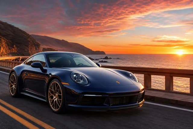 Realistic style — a luxury sports car on a coastal road at sunset
