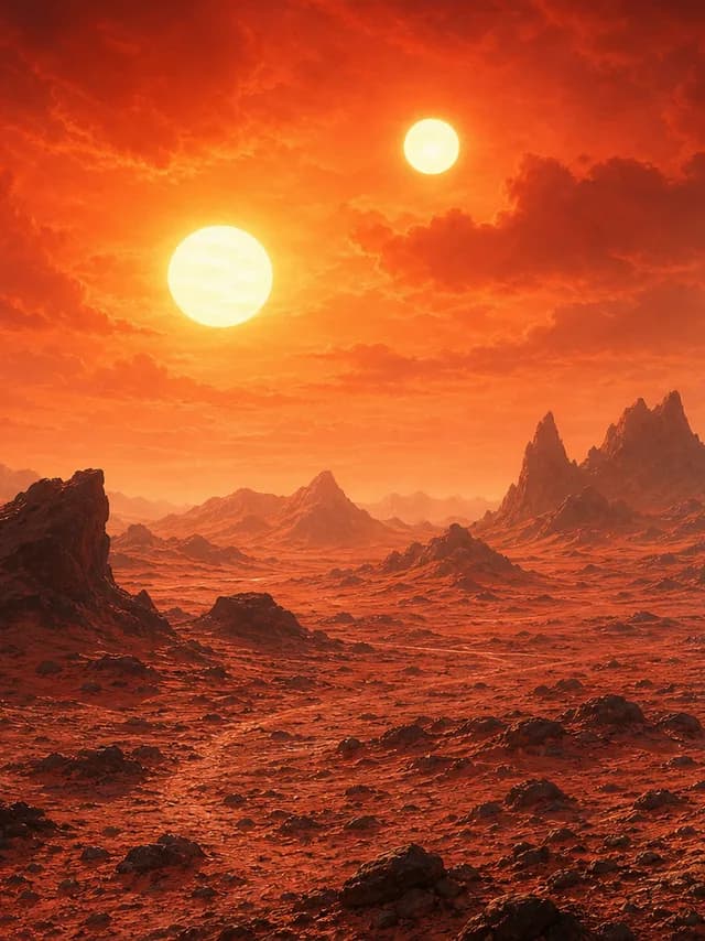 Sci-Fi style — a lone astronaut on a red alien desert under two suns