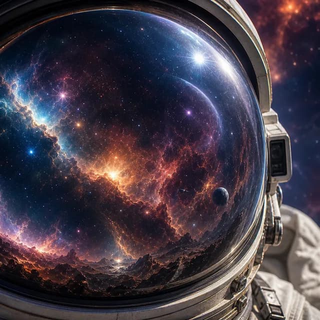 Sci-Fi style — an astronaut helmet visor reflecting a distant nebula