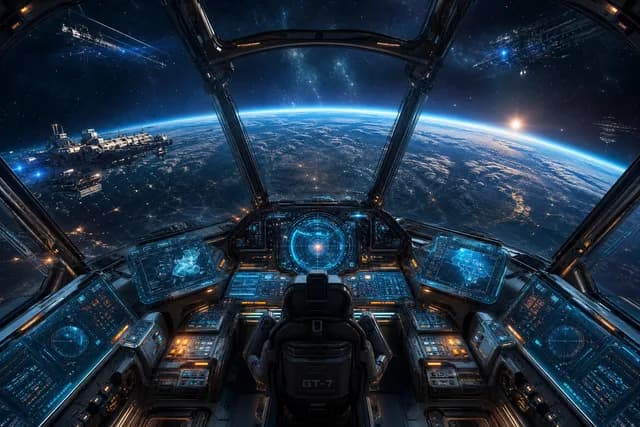 Sci-Fi style — a futuristic spaceship cockpit overlooking a blue planet