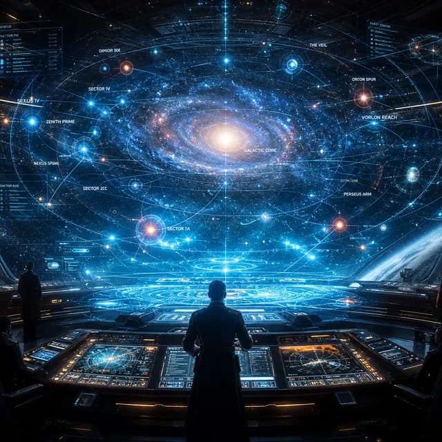 Sci-Fi style — a floating holographic star map above a command bridge