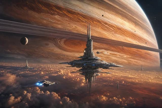 Sci-Fi style — a ringed gas giant with a space station orbiting in the foreground
