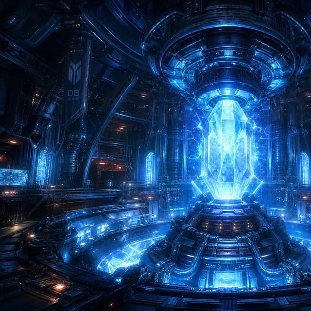 Sci-Fi style — a glowing blue crystal reactor core in a spaceship engine room