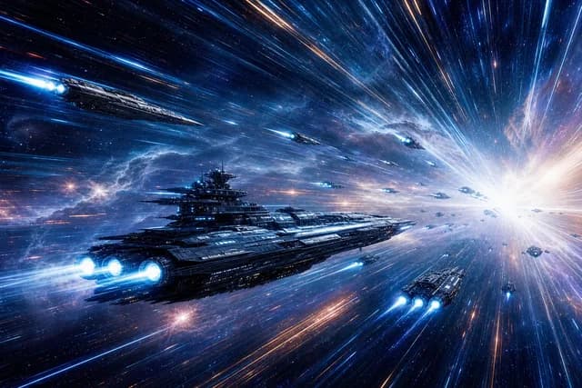 Sci-Fi style — a fleet of starships jumping to lightspeed across the stars