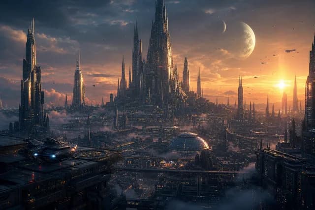 Sci-Fi style — a sprawling alien megacity with towering spires under twin moons