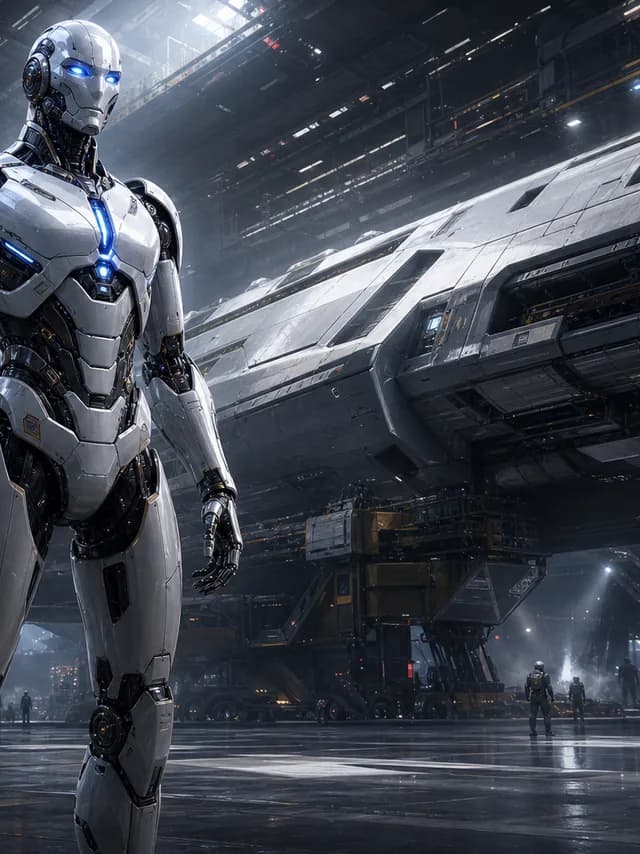Sci-Fi style — a sleek humanoid android with glowing eyes in a futuristic hangar