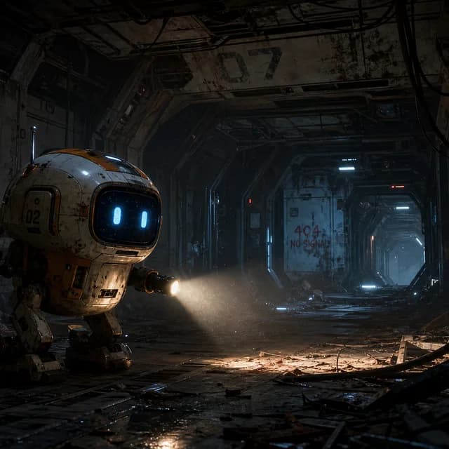 Sci-Fi style — a cute utility robot exploring a derelict spaceship corridor