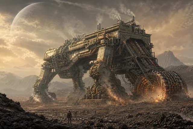 Sci-Fi style — a massive terraforming machine towering over a barren planet