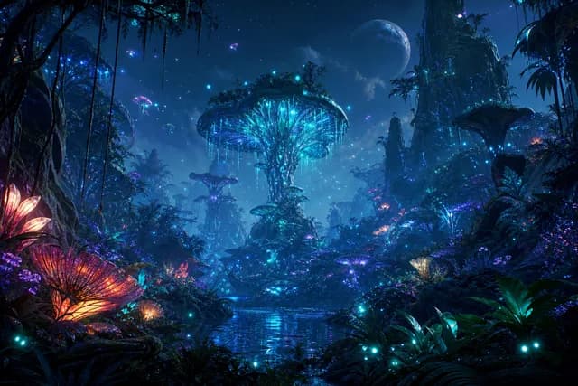Sci-Fi style — a glowing bioluminescent alien jungle at night