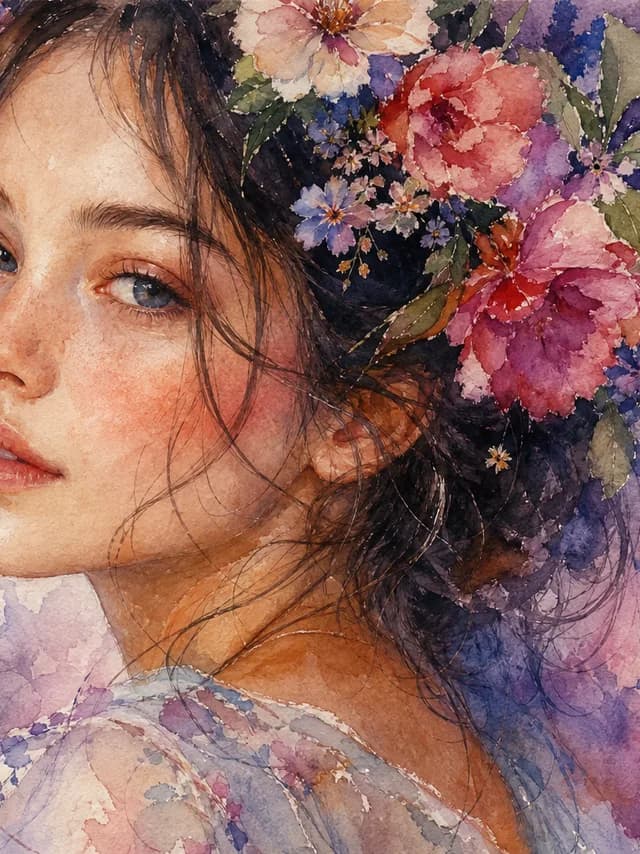 Watercolor style — a delicate portrait of a young woman with flowers in her hair