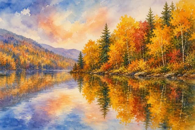 Watercolor style — a serene lake with golden autumn trees reflected