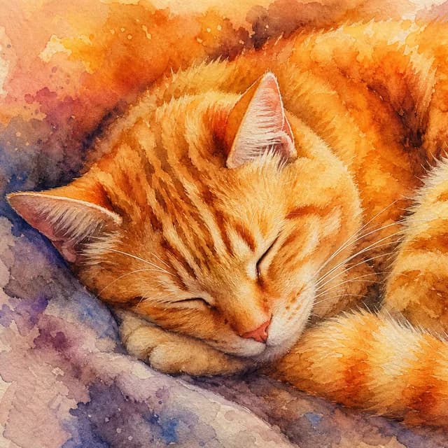 Watercolor style — a sleeping orange tabby cat curled up