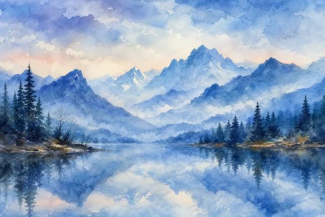 Watercolor style — misty blue mountains reflected in a calm lake