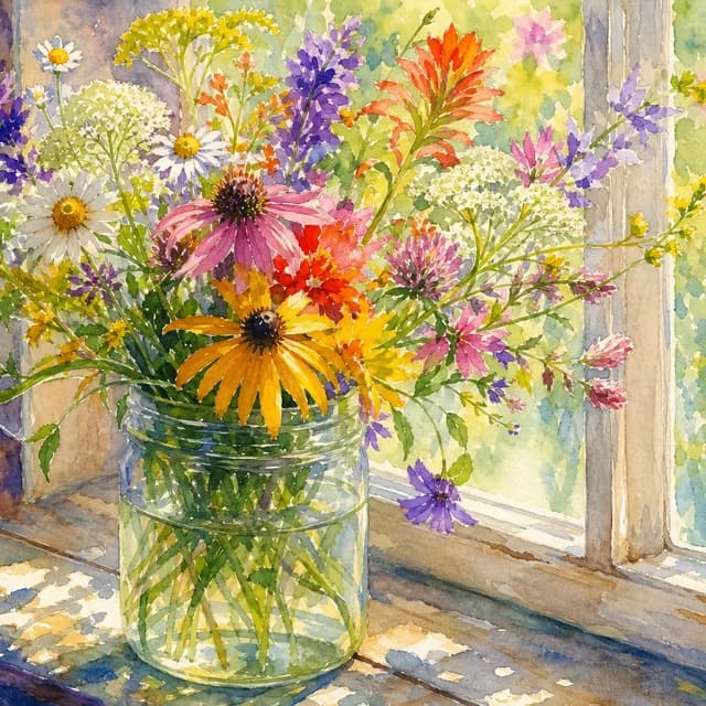 Watercolor style — a jar of colorful wildflowers on a sunny windowsill