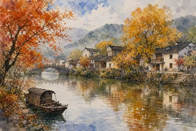 Watercolor style — a quiet riverside village with autumn trees and reflections