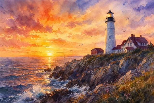 Watercolor style — a coastal lighthouse on rocky cliffs at sunset