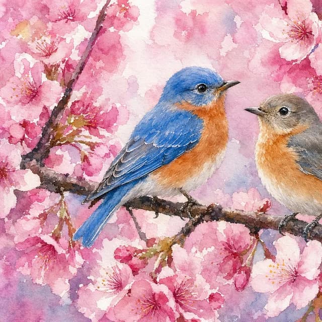 Watercolor style — two songbirds on a blooming cherry blossom branch