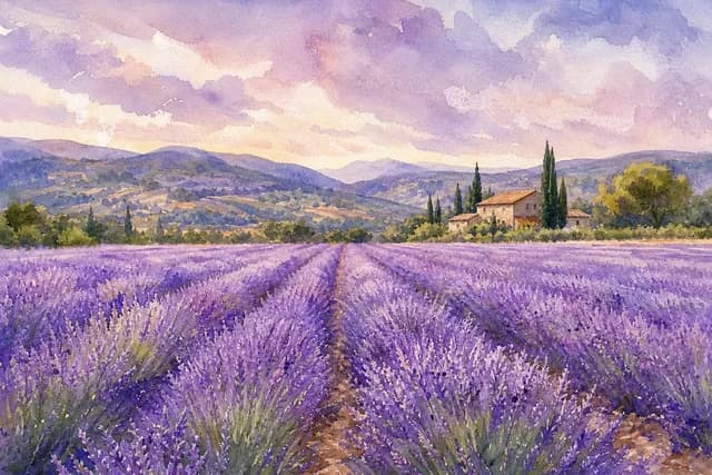 Watercolor style — a lavender field stretching toward rolling hills