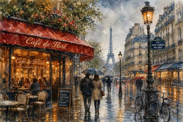 Watercolor style — a rainy Paris street with glowing cafe windows
